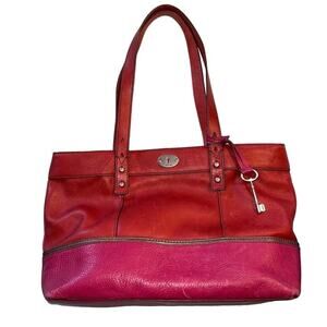 Fossil Hunter Leather Tote Bag Pink Red Zip Closure Key Charm Silver Hardware